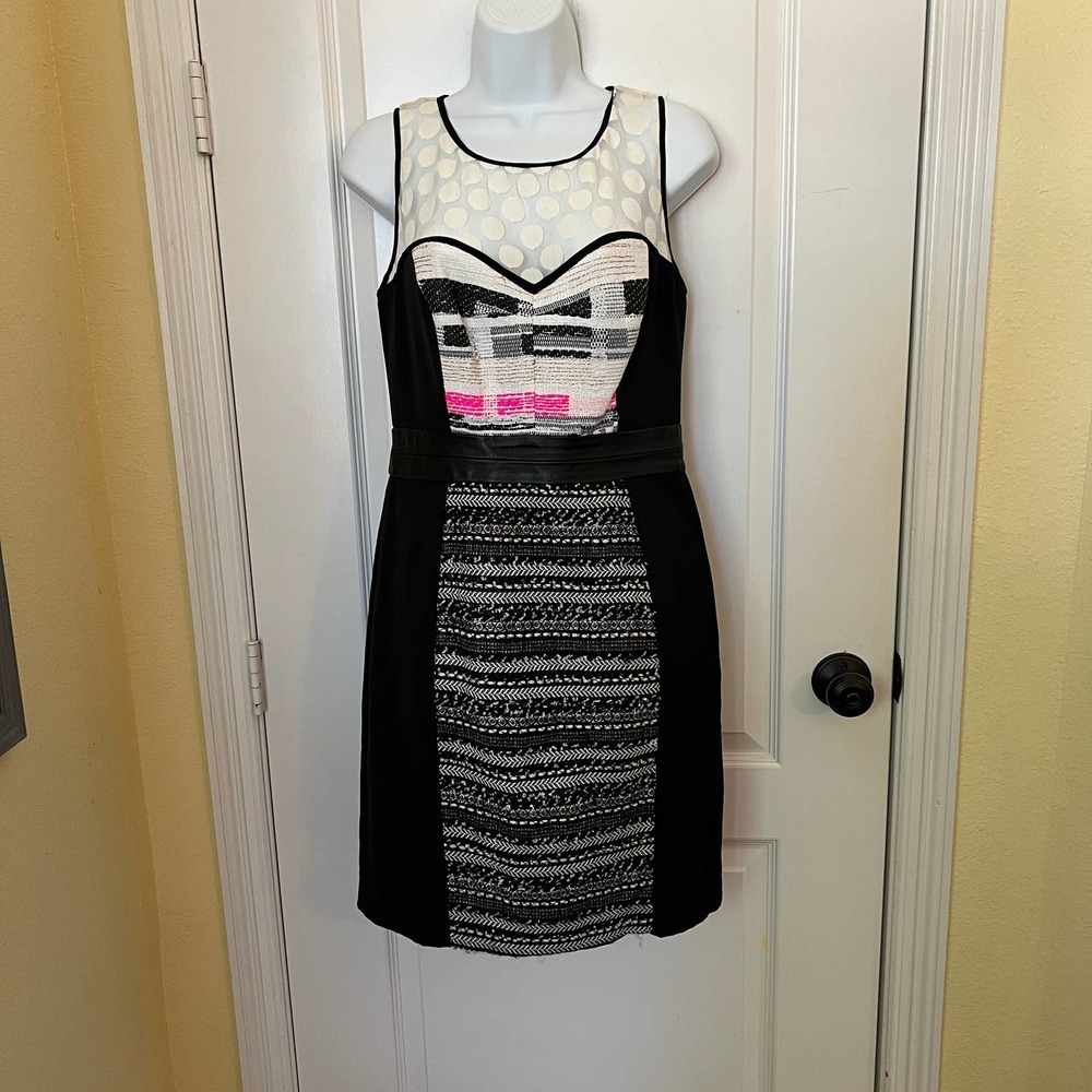 Milly Black White Many Colors Pattern Leather Band at Waist Dress 8​​​